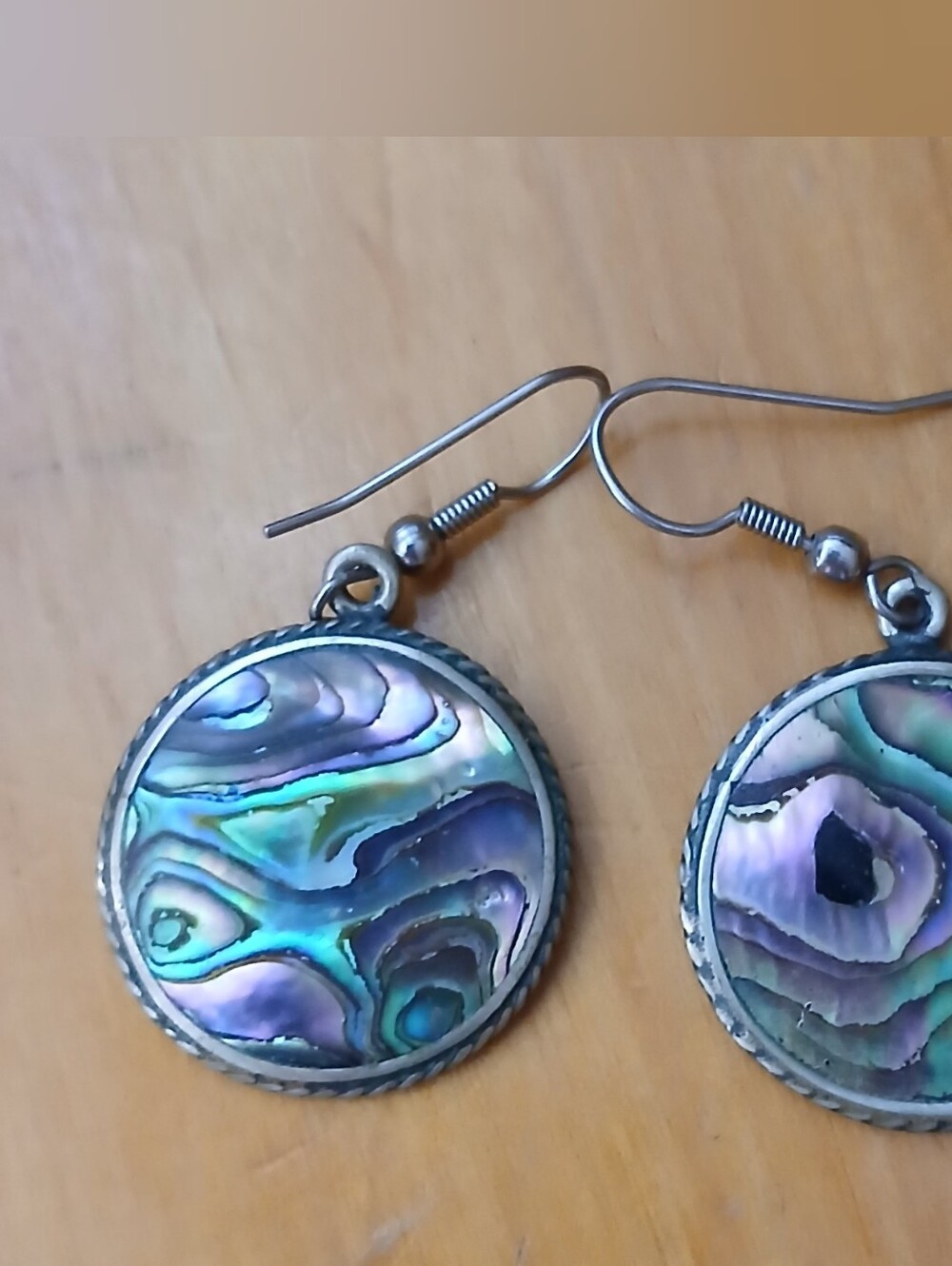 Vintage Alpaca Paua Abalone Shell Disc Drop Earrings Iridescent Green & Purple